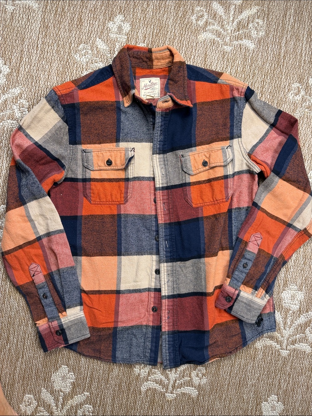 American eagle heritage Orange Navy Cream Plaid Button-Down flannel shirt